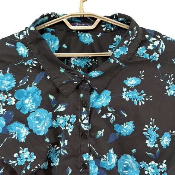 Roamans Floral Top Womens Black Blue Long Sleeve Button Down Shirt Size 40W - Picture 3 of 9